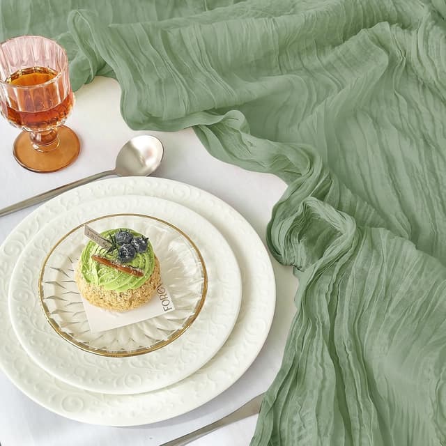 Detalle de IVAPUPU 2-Piece Gauze Cheesecloth Table Runner Set (10 ft) in Sage Green for Spring & Easter Decor