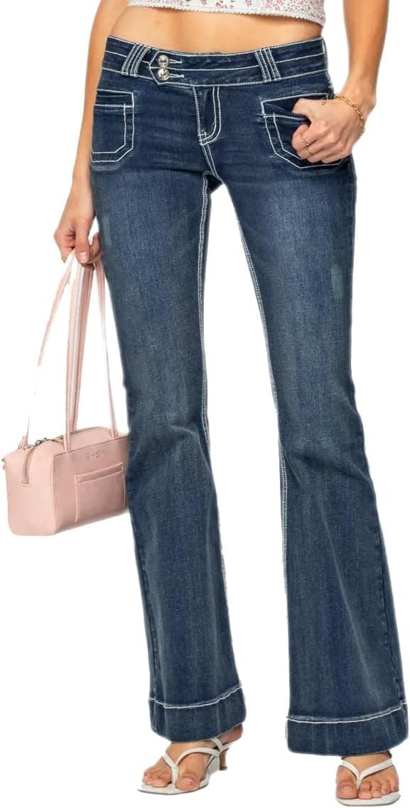 Detalle de Justalwart Women’s Stretch Low Rise Double Button Elastic Skinny Vintage Flare Jeans