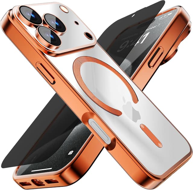 Detalle de Misscase Magnetic for iPhone 17 Pro Clear Case with Camera Lens Protector & Privacy Screen (Orange edges)