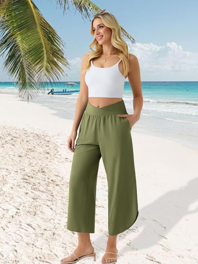 Detalle de Phophila Wide Leg Capri Pants for Women — Crossover High-Waist Casual Palazzo Slacks with Pockets