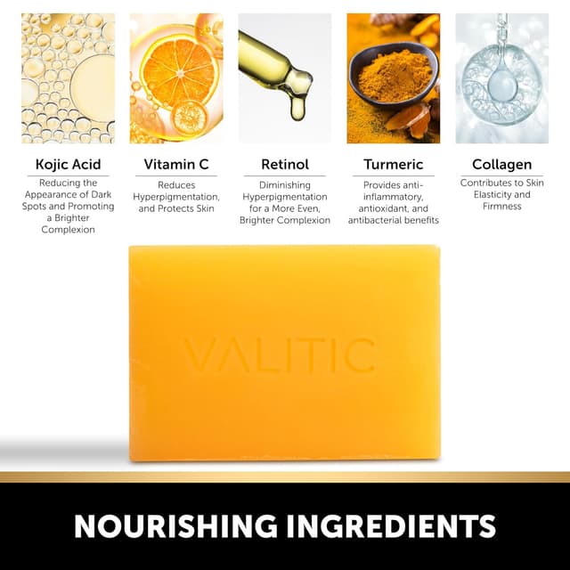 Detalle de VALITIC Kojic Acid Dark Spot Remover Soap Bar Bundle (Turmeric, Vitamin C, Retinol, Shea Butter) — 3 Pack with African Net