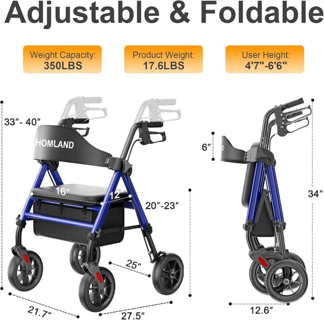 Detalle de HOMLAND Walkers for Seniors with Seat – Foldable rollator with 8" all-terrain wheels, height adjustment and cup holder