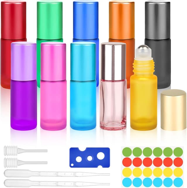 Detalle de Moosono Roll-on Flaschen Set (leer) 5 ml, 10 Stück Glas mit Edelstahl-Roller, Öffner, Tropfer & Aufklebern