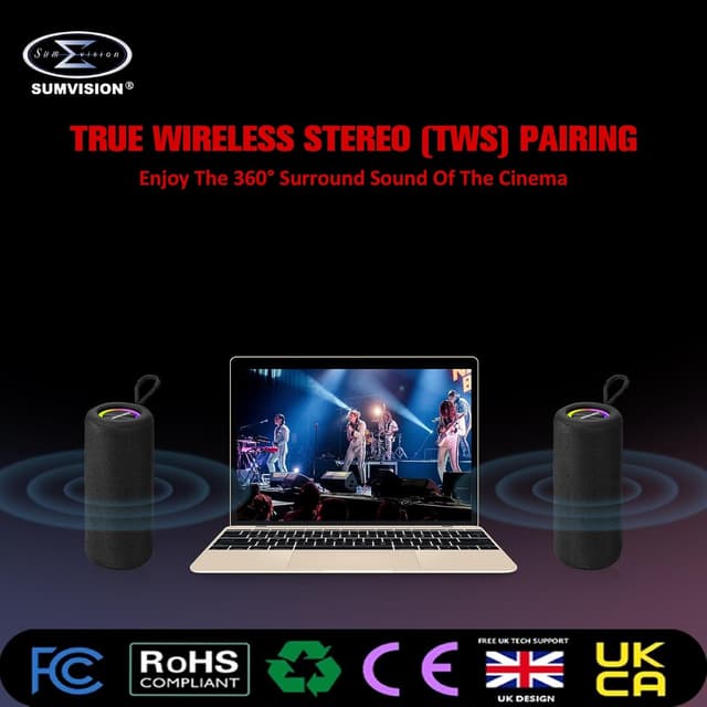 Thumbnail 6 de Sumvision Monic Harmony Portable Bluetooth Speaker (True Wireless Stereo, 3D sound, Double Bass, RGB, 24hr)