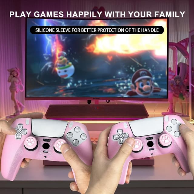 Thumbnail 6 de Pink glitter anti-slip silicone grips cover set for PS5 (Slim/Pro) – HLRAO, 8 thumb grips caps + protective skin cover