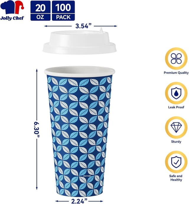Detalle 2 de JOLLY CHEF 100-Pack 20 oz Disposable Coffee Cups (with Lids, Sleeves & Stirrers) – Blue Leaf and Grey Leaf