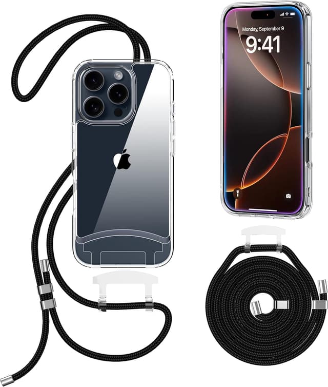 Detalle de OLEPHY Handykette mit Band für iPhone 16 Pro Max Hülle (verstellbar, abnehmbar) – transparente Case mit Kordel zum Umhängen, schwarz
