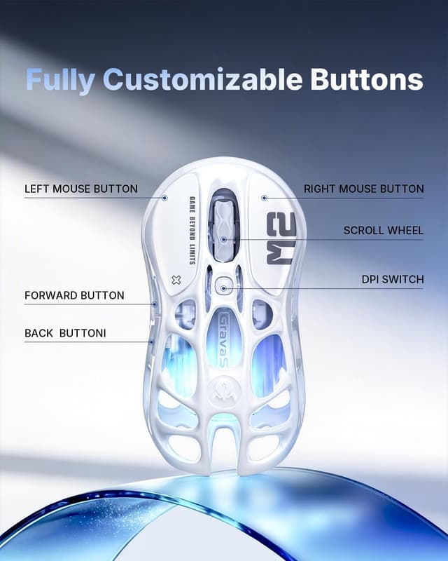 Detalle de GravaStar Mercury M2 : souris de jeu sans fil 26 000 DPI, 5 boutons programmables et RGB