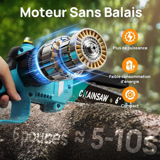 Detalle 2 de VIWKO Mini tronçonneuse sans fil 6 pouces 1000 W brushless, compatible Makita 18V (2 batteries 2000 mAh + 3 chaînes)