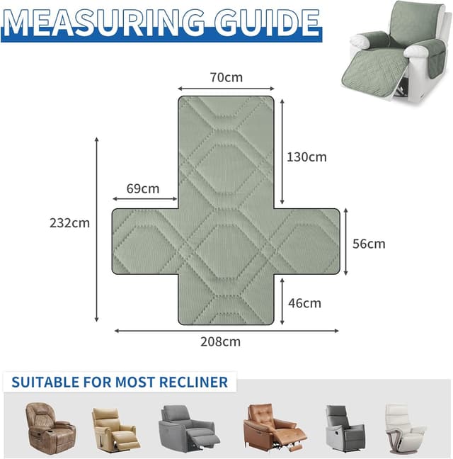 Detalle de YSTELLAA Copripoltrona Relax Reclinabile Grande 1 posto impermeabile verde chiaro, con braccioli rimovibili