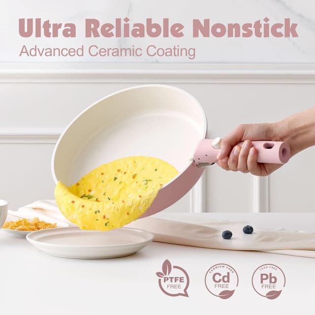 Detalle de SENSARTE Keramik Topfsets Pfannenset 17-teilig – Antihaft-Kochgeschirr mit abnehmbarem Griff (Rosa)