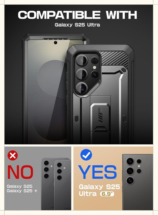 Detalle 2 de SUPCASE for Samsung Galaxy S25 Ultra Case with Stand (Unicorn Beetle Pro) — built-in screen protector, kickstand & rotating belt-clip, Black