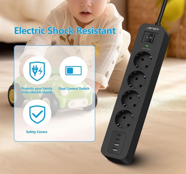 Detalle 2 de JSVER ciabatta elettrica con 4 porte USB (2 USB-A + 2 USB-C), 4 m e adattatore: 3680 W/16 A, nero