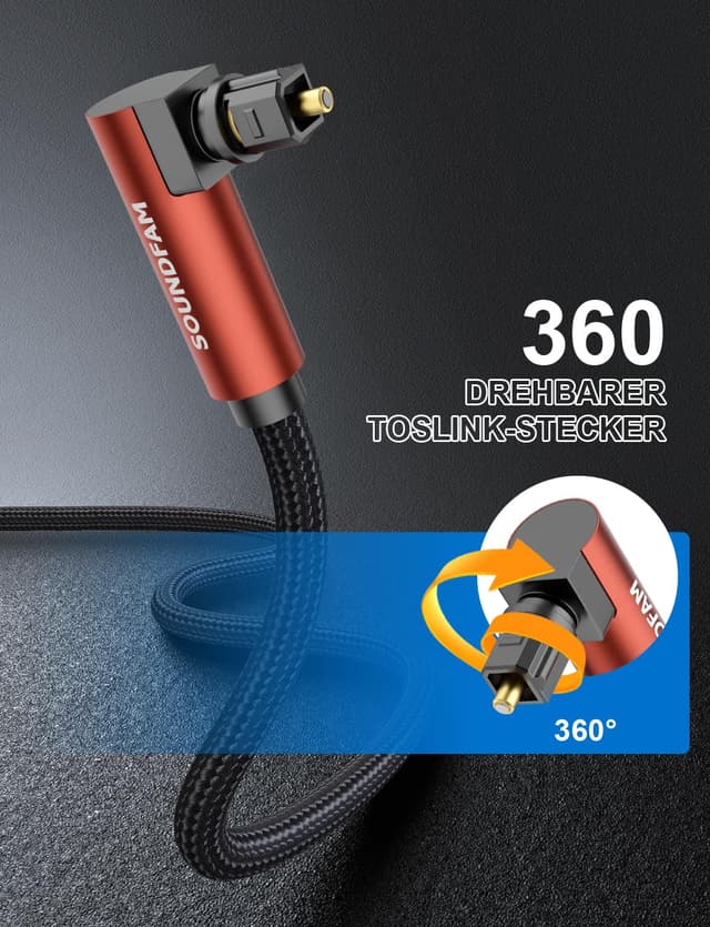 Detalle de SOUNDFAM 90° Optisches Audiokabel 3 m (Rot) – Toslink Digital mit Winkelstecker für Soundbar & TV