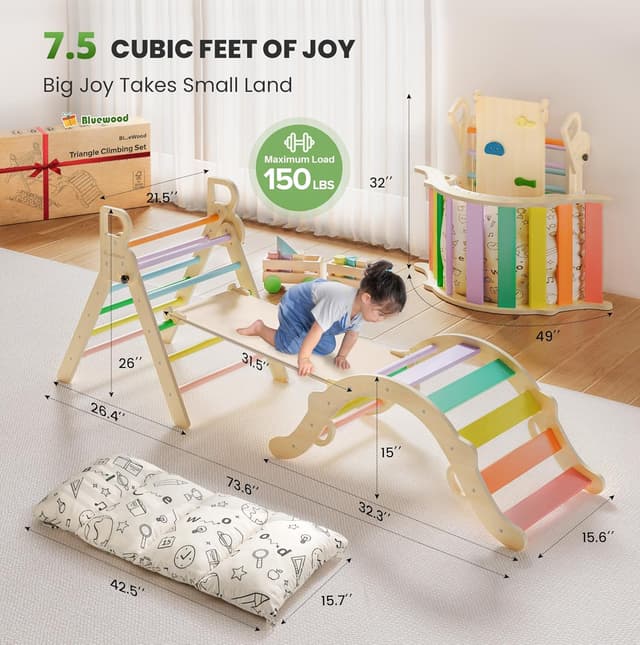 Detalle 2 de BlueWood Pikler Triangle Set with Cushion (8-in-1) – Montessori-inspired jungle gym for toddlers