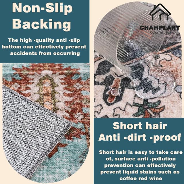 Detalle de CHAMPLANT 9'x12' Washable Vintage Area Rug with Floral Distressed Style (Non-Slip, Thin, Foldable)