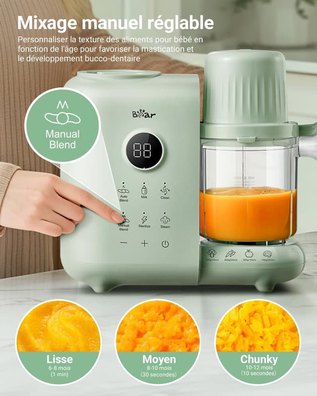Detalle 2 de Bear Robot Cuiseur Mixeur Bébé avec panier vapeur 500 ml (sans BPA) : cuisson à la vapeur, mixage et désinfection