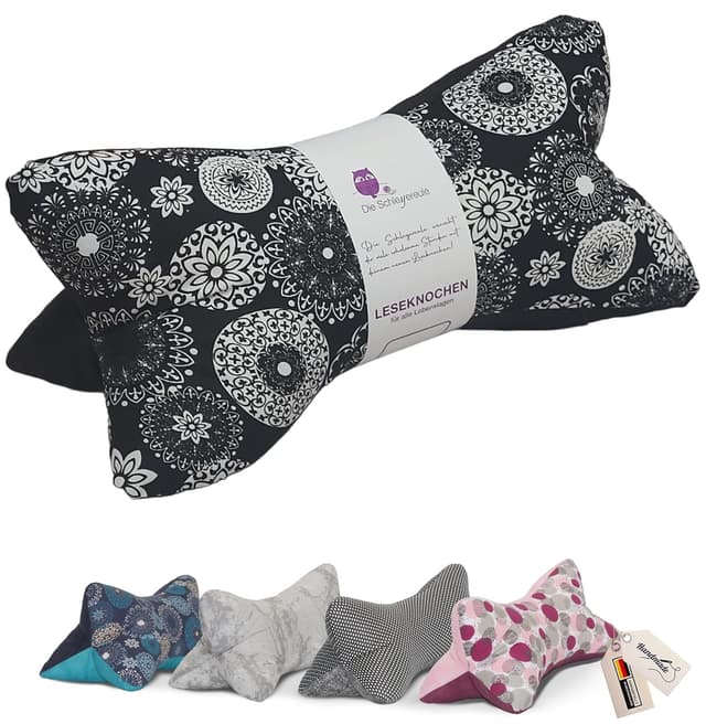 Detalle de Leseknochen Mandala Nackenkissen (schwarz) – bequem, handgestopft & waschbar