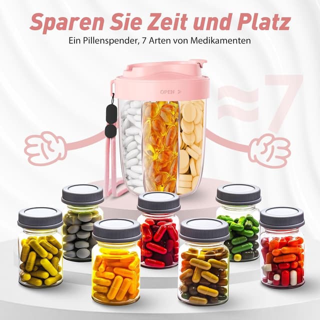 Detalle 2 de NAVIKIA Tablettenbox für 7 Tage (morgens/mittags/abends) – rund, 7 Fächer & Anti-Verwechslungs-Design in Rosa