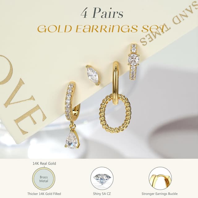 Detalle de Roheafer Ohrringe Gold Set (4 Paar) – 14K vergoldet, hypoallergen, stapelbar