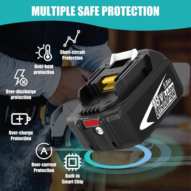 Detalle de TOPBATT 2x 5000mAh 18V Li-ion batteries (compatible with Makita BL1850B/BL1840 etc.) with LED indicators