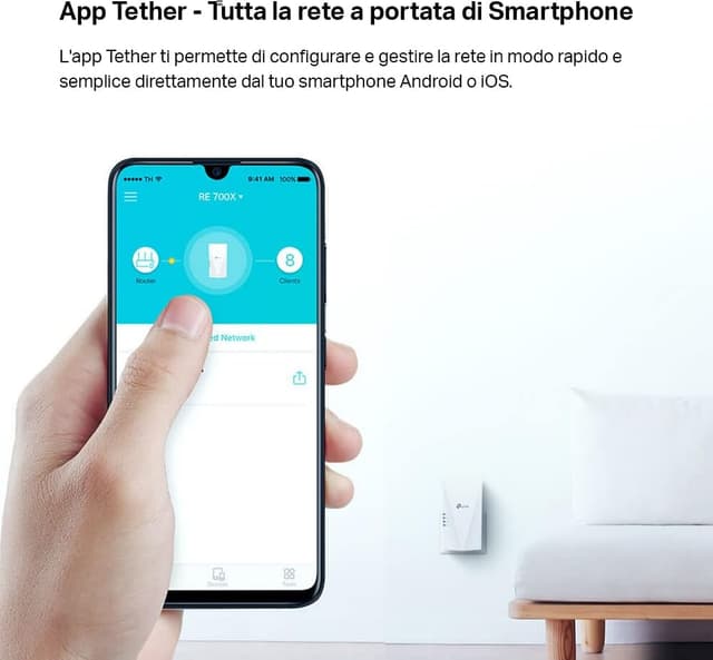 Detalle de TP-Link RE700X Ripetitore WiFi 6 Dual-Band AX3000 con 1 porta Gigabit e TP-Link OneMesh