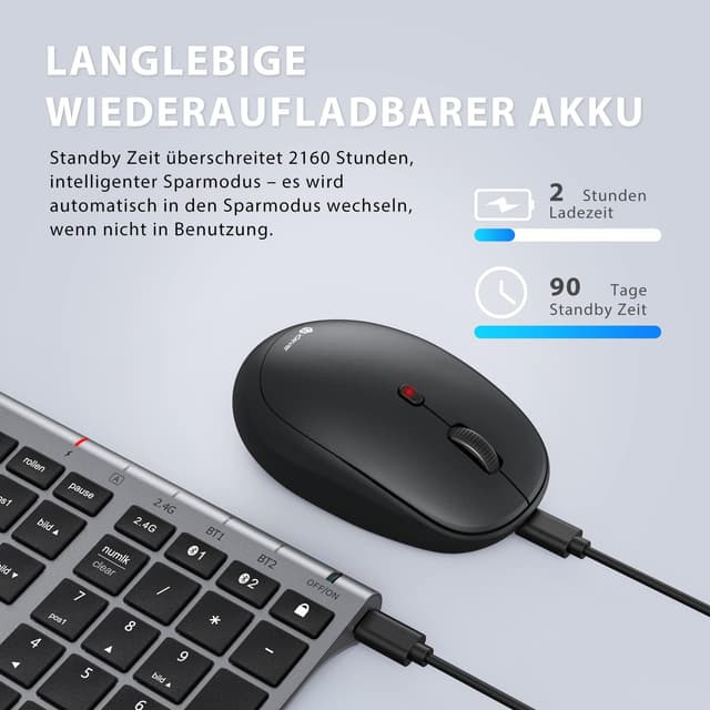 Detalle de iClever Bluetooth Tastatur mit Maus (Dualmodus, 3 Geräte) – wiederaufladbar, USB & Bluetooth, QWERTZ (Grau)