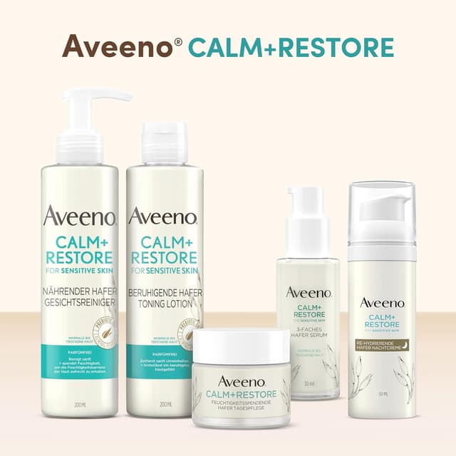 Detalle de Aveeno CALM+RESTORE Gesichtsreiniger mit präbiotischem Hafer & Mutterkraut (200 ml) – sanfte Reinigung für sensible Haut