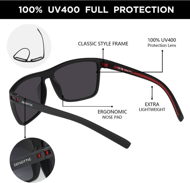 Detalle 2 de ZENOTTIC occhiali da sole polarizzati uomo in TR90 con protezione UV400, montatura leggera quadrata