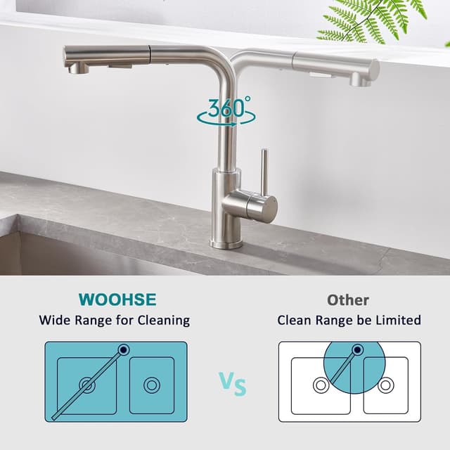 Detalle de WOOHSE Niederdruck Küchenarmatur mit ausziehbarer Brause, 2 Modi und 360° Drehung aus Edelstahl (gebürstet)