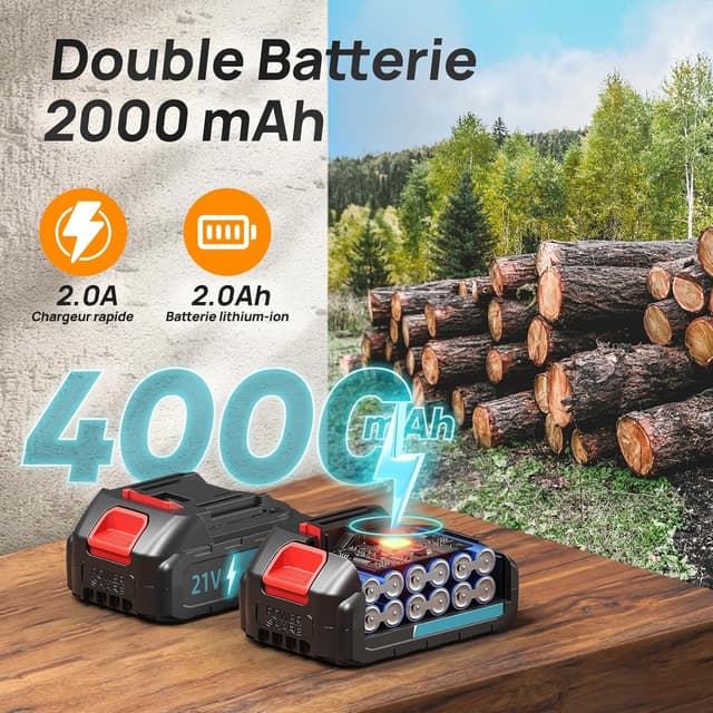 Detalle de VIWKO Mini tronçonneuse sans fil 6 pouces 1000 W brushless, compatible Makita 18V (2 batteries 2000 mAh + 3 chaînes)