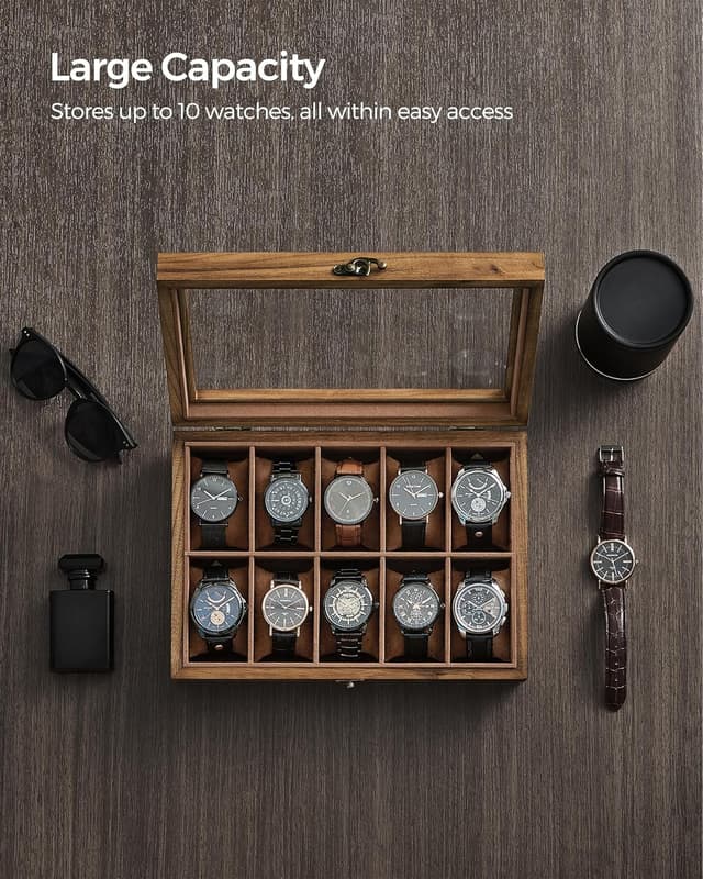 Detalle de SONGMICS JOW100K01 10-slot solid wood watch box with large glass lid