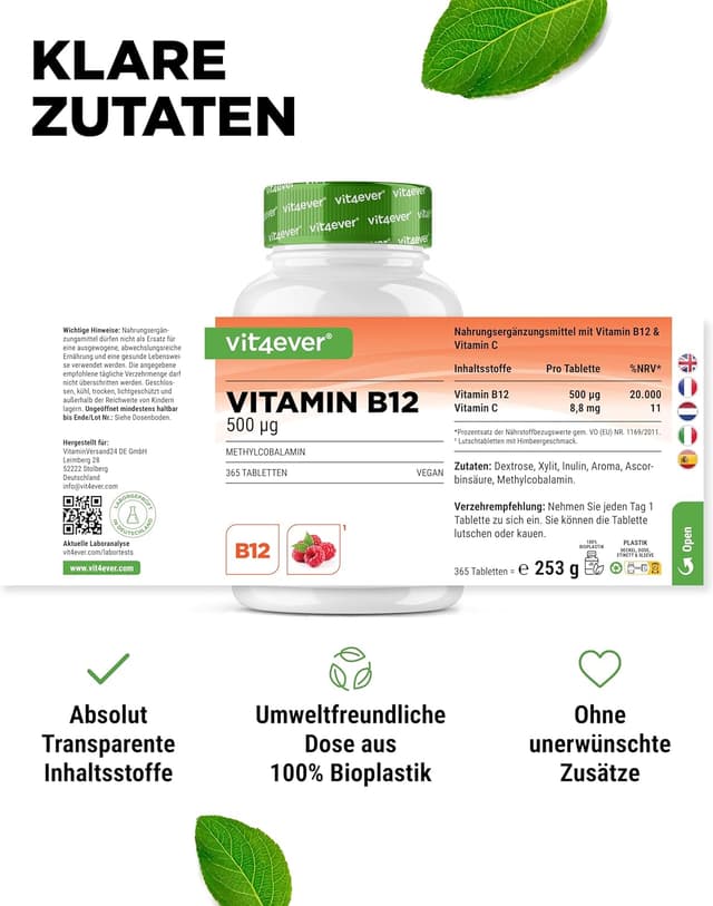 Detalle de Vitamin B12 Himbeere – 365 Lutschtabletten im Jahresvorrat mit 500 µg Methylcobalamin + Vitamin C (vegan)