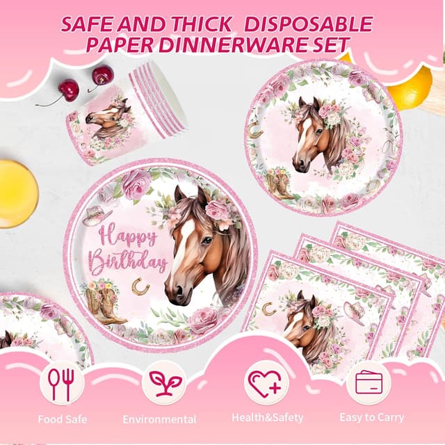 Detalle de Pferd Partygeschirr Set für 10 Gäste – Pferde-Geburtstag Deko mit Papptellern, Tassen & Servietten