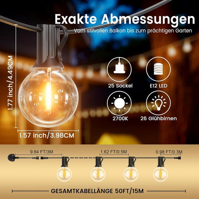 Detalle 2 de LONIUTO Lichterkette Außen 15 m 25+2 G40 LED warmweiß
