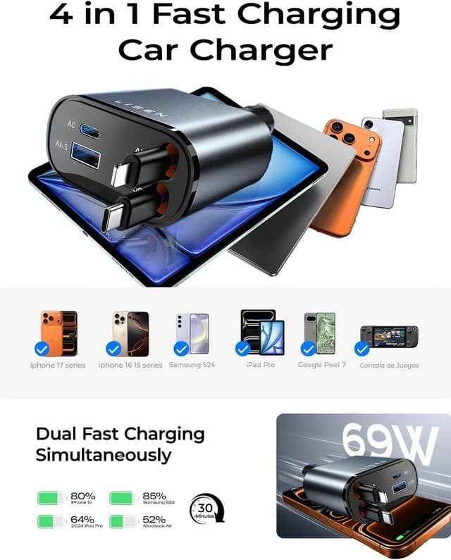 Thumbnail 6 de LISEN 69W USB-C Car Charger for iPhone and Samsung