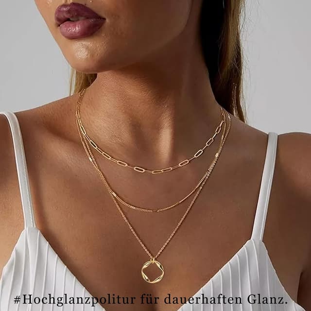 Detalle de FENNELISA 3er Set Damen-Halsketten mit Layering-Look, Silber 925 vergoldet, verstellbar