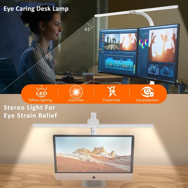 Detalle de LOTTBUTY 24W Double-Head LED Desk Lamp (Clamp, Eye Protection, 25 Modes) – L-White