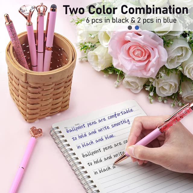Detalle de WEMATE 8-piece Pink Ballpoint Pens set with bling look (pink, black & blue ink)