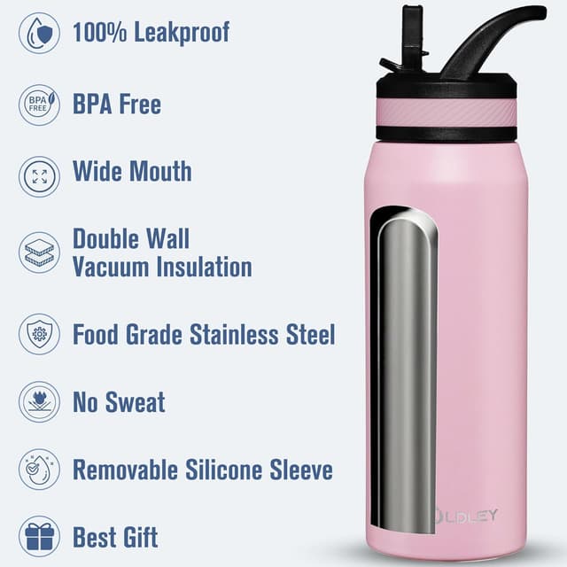 Detalle de Oldley 750ml Insulated Water Bottle with Straw (Pink) – stainless steel flask with leakproof design and 3 lids