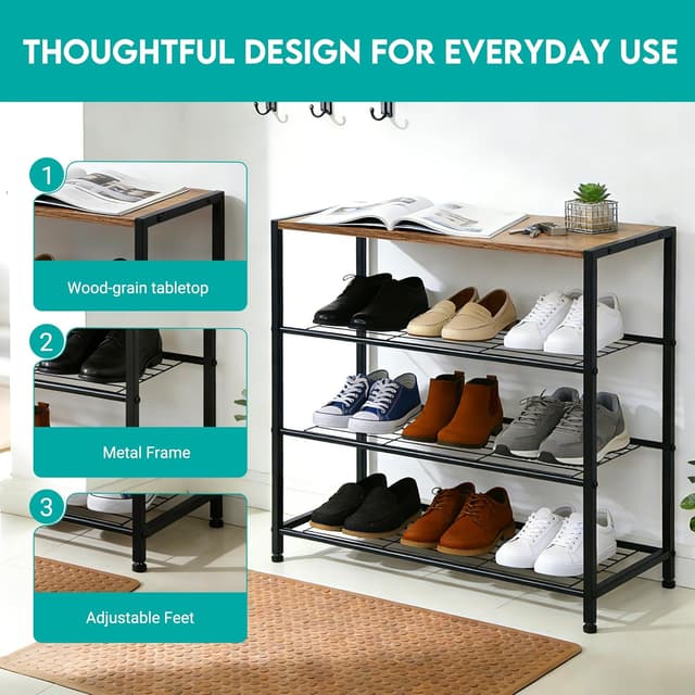 Detalle de ZOESTORAGE Schuhregal mit Sitzgelegenheit (4 Ebenen), 60 x 30 x 63 cm, rustikalbraun