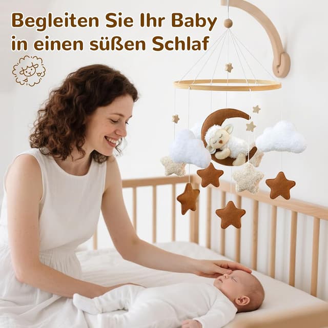 Detalle 2 de Ueiwffzo Mobile Baby „schlafendes Alpaka Mond“ mit Filz-Anhänger fürs Babybett