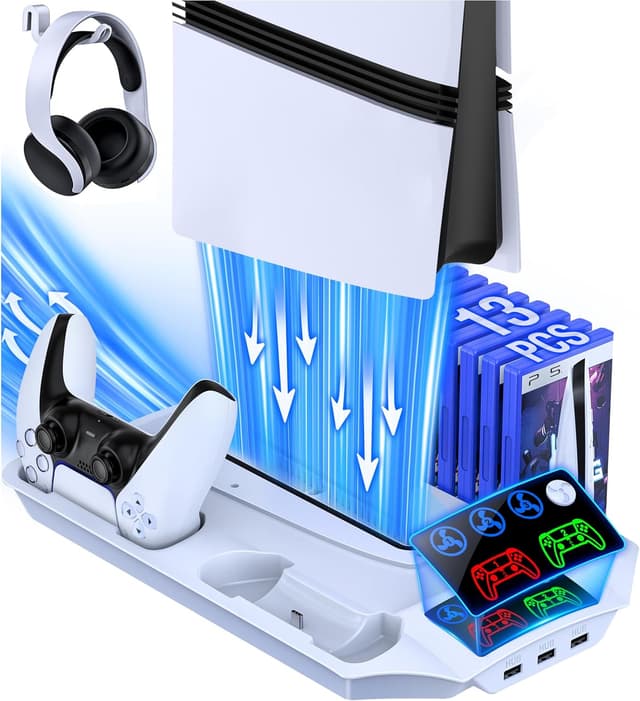 Detalle de HEYLICOOL PS5/PS5 Pro/PS5 Slim Stand Accessories with 3-Level Cooling Fan, Dual Controller Charging & USB Hubs (13 game storage)