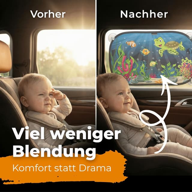 Detalle de CARAMAZ Sonnenschutz Auto Baby mit zertifiziertem UV-Schutz, universell 48 x 30 cm (2er-Set) – Motiv Grün-Turtle
