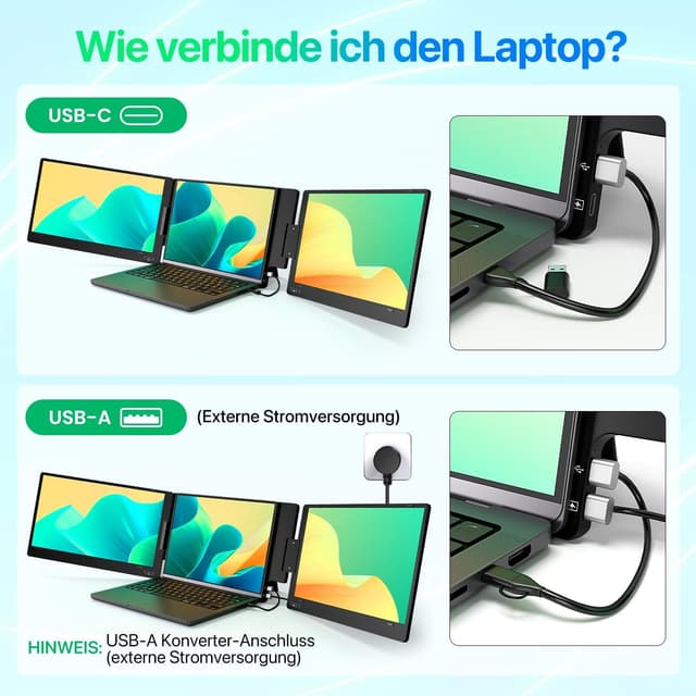 Thumbnail 6 de KPKUE 15,6" Laptop-Bildschirm-Erweiterung für Triple-Screen-Setups (FHD/IPS) per USB-C oder USB-A