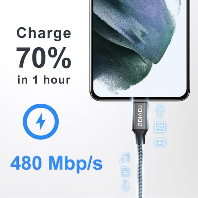 Detalle de RAVIAD USB‑C Ladekabel (2er‑Set, 3 m) mit bis zu 3,1 A – Schnellladekabel & Datenübertragung