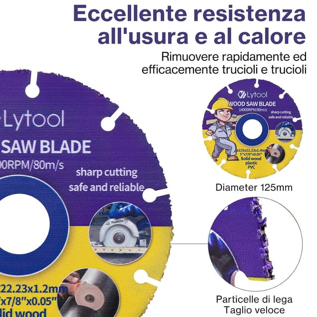 Detalle de Lytool 2 lame per sega circolare da 125 mm (foro 22,23 mm) per legno compensato e legno duro