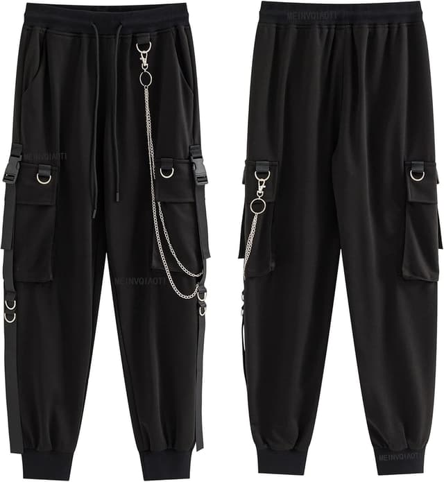 Detalle de MEINVQIAOTI Damen Retro Cargo – weite Cargo-Hose im Retro-/Punk-Look mit Ketten-Details