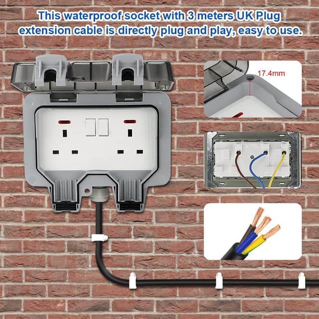 Detalle 1 de Anesty Outdoor Socket – IP66 waterproof 2-gang double plug with 3m extension lead