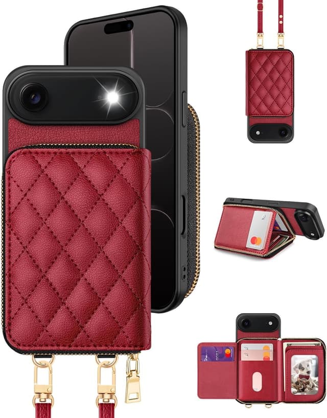 Detalle de OCASE Hülle für iPhone Air – RFID-Schutz, Reißverschluss-Geldbörse mit Kartenfächern & abnehmbarem Lanyard/Handgelenkband